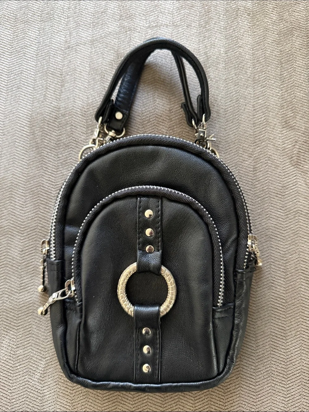 Black Leather Crossbody Bag with Ring Accent - NEW!